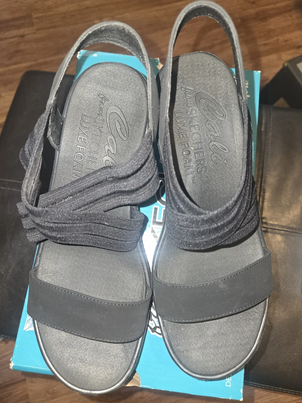 Skechers Cali Black Wedge Sandals with Luxe Foam